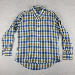 Ledbury Shirt Mens 16.5 - 35 Blue‎ Yellow White Plaid Linen Dress Button Down